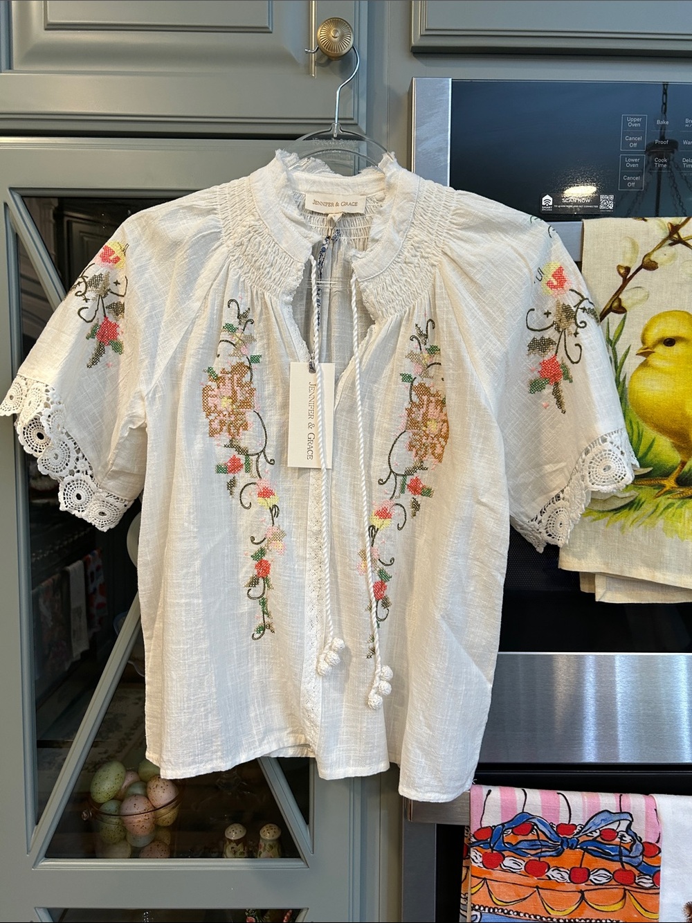 Jennifer & Grace Linen Blend Lace Embroidered White Peasant Blouse NWT